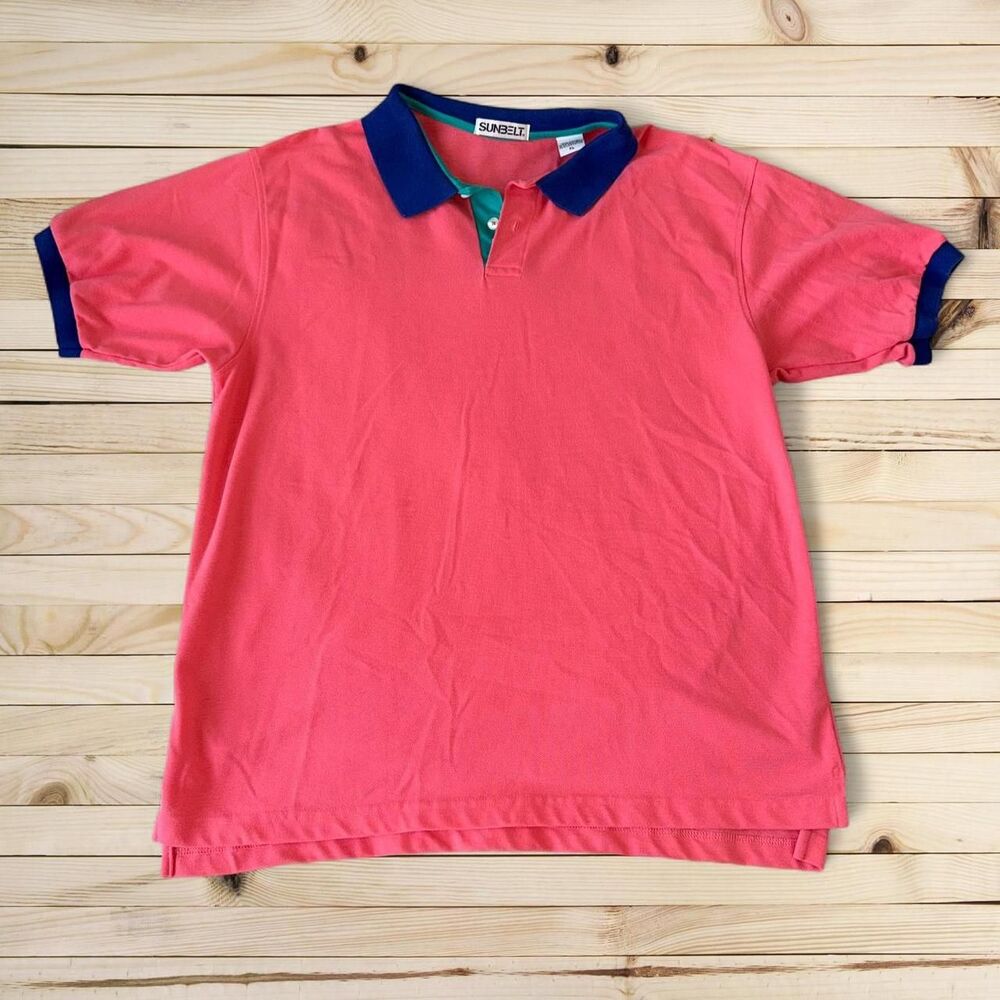 Vintage‎ Sunbelt Polo Shirt Mens XL Coral Blue Collar 90s